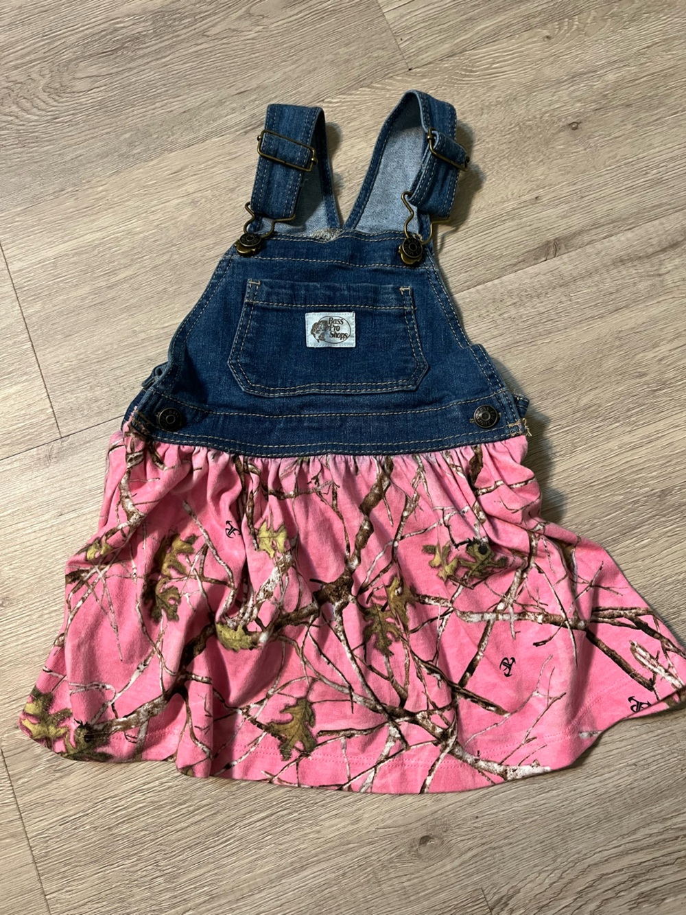 Bass Pro Shops Denim Bib Overall Dress with Pink Camo Skirt